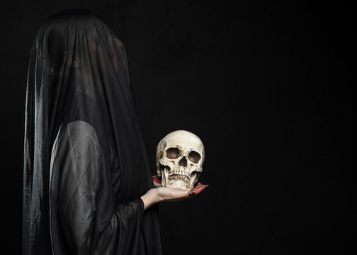 Woman With Black Veil And Copy Space