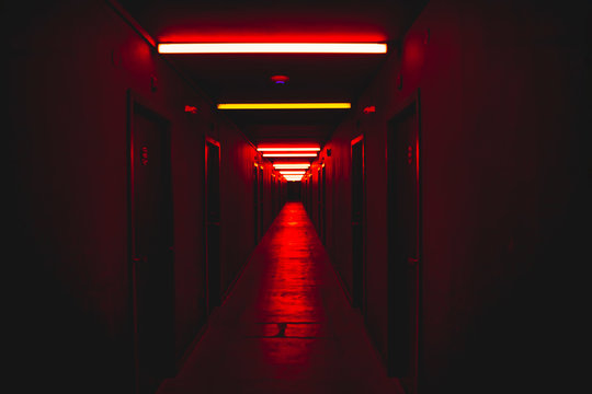 Red light corridor scary concept horror scenery fear concept 