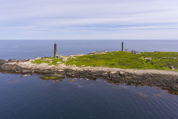 Aerial view of Thacher Island Lighthouses on Thacher Island, Rockport, Cape Ann, Massachusetts,...