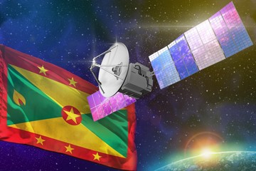 Space communications technology concept - satellite with Grenada flag, 3D Illustration