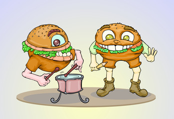 hamburger cartoon illustration playing music instrument