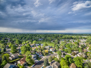 storm cloud over city aerial view