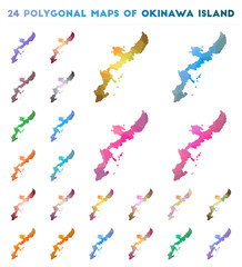 Set of vector polygonal maps of Okinawa Island. Bright gradient map of island in low poly style. Multicolored Okinawa Island map in geometric style for your infographics.
