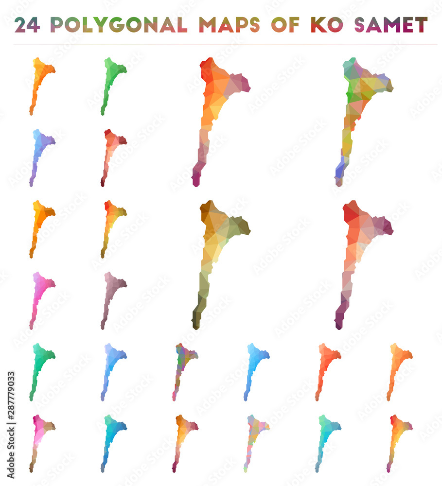 Poster set of vector polygonal maps of ko samet. bright gradient map of island in low poly style. multicolo