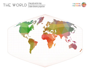 Abstract geometric world map. Baker Dinomic projection of the world. Colorful colored polygons. Awesome vector illustration.