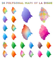 Set of vector polygonal maps of La Digue. Bright gradient map of island in low poly style. Multicolored La Digue map in geometric style for your infographics.