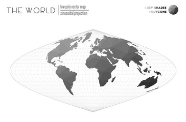 Low poly design of the world. Sinusoidal projection of the world. Grey shades colored polygons. Trending vector illustration.