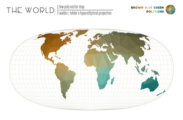 Low poly world map. Waldo R. Tobler's hyperelliptical projection of the world. Brown Blue Green colored polygons. Elegant vector illustration.