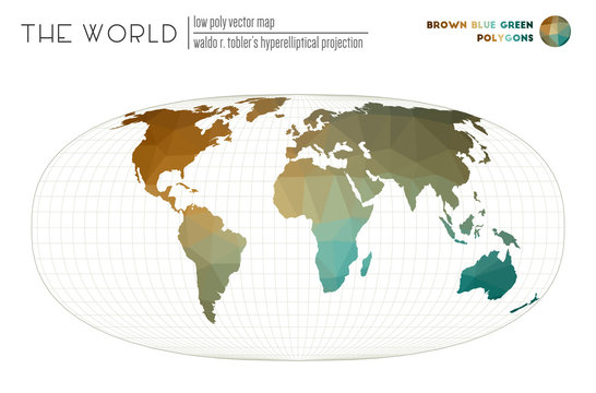 Low Poly World Map. Waldo R. Tobler's Hyperelliptical Projection Of The World. Brown Blue Green Colored Polygons. Elegant Vector Illustration.