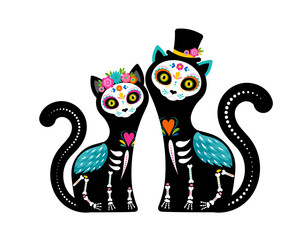 Day of the dead, Dia de los muertos, cats skulls and skeleton decorated with colorful Mexican elements and flowers. Fiesta, Halloween, holiday poster, party flyer. Vector illustration
