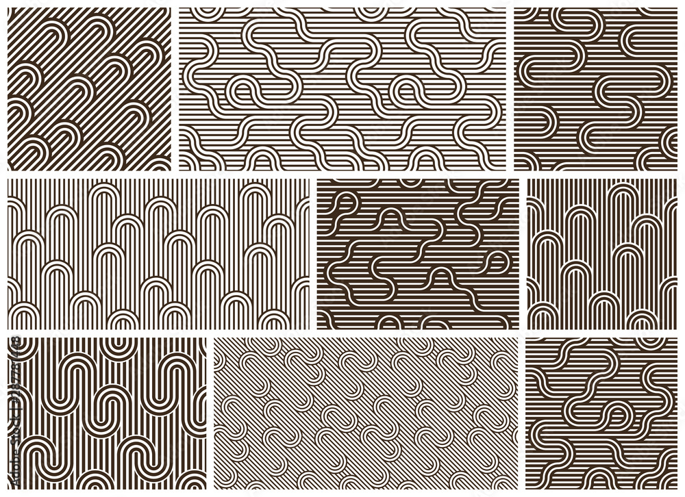 Poster stripy vector seamless patterns with woven lines, geometric abstract backgrounds set, stripy net, op