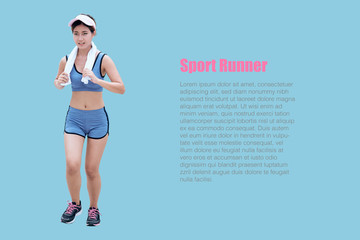 Fototapeta na wymiar Fit and healthy woman running. Asian female jogger on isolated pastel color background with copy space.