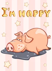 Foto op Plexiglas Happy Birthday Card Little Pig with Gift Pie. Vector Greeting Card. Happy Moment. Congratulation © liusa