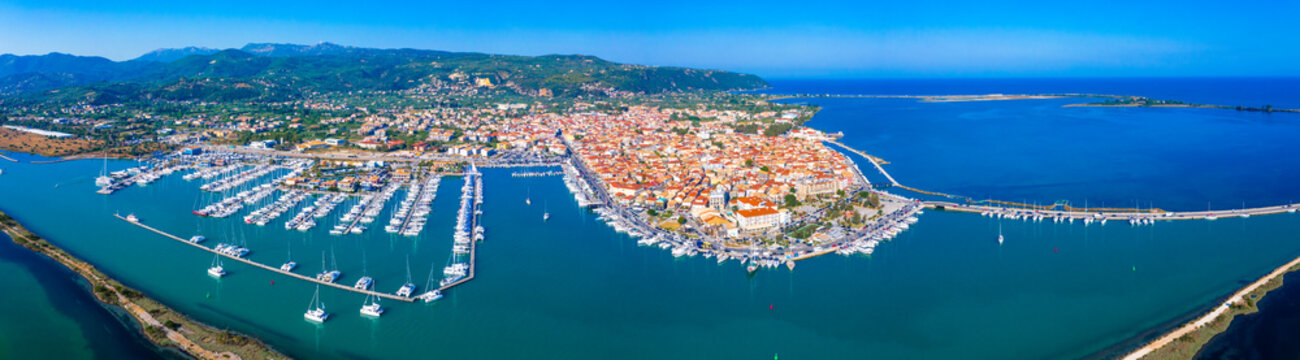 Lefkas (Lefkada) town, amazing view at the small marina for the fishing boats with the nice wooden bridge and promenade, Ionian island, Greece