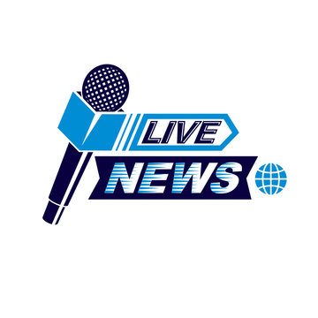 Live reportage conceptual logo, vector illustration created with microphones equipment and live news writing.