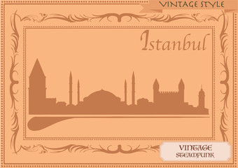 Istanbul vintage skyline, tourism, silhouette, Turkey postcard