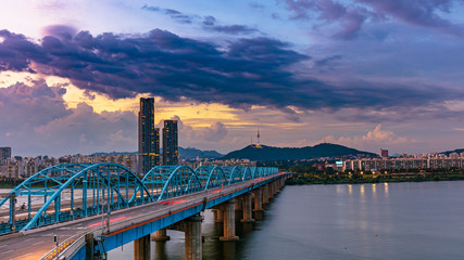 Seoul City Skyline and  Dongjak Bridge  Seoul Tower