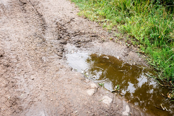 Puddle on a path in the field road.