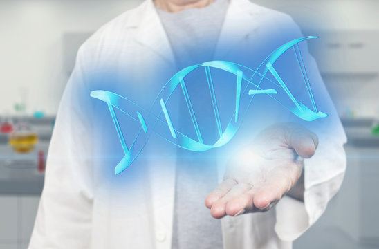 Old white scientist holding dna molecule on a blurred laboratory background 3d rendering. Genetic engineering and gene manipulation concept. Innovative technologies in science and medicine.