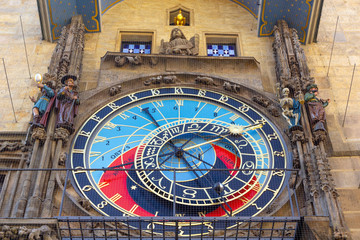 Prague medieval astronomical clock (Orloj) on Old Town Hall tower, Prague, Czech republic