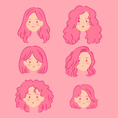 Beautiful woman portrait avatar cartoon hairstyles pink theme vector icon set isolated on white background. International women's day illustration.