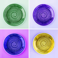 Collage from different colored round ceramic plates with spiral pattern