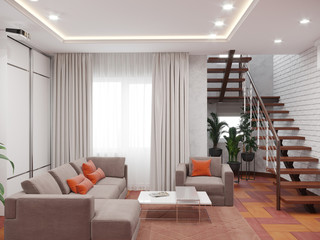 Fototapeta premium 3D visualization of the interior of the living room in a modern style