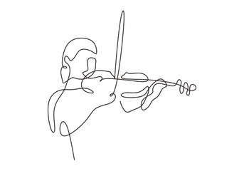 Violinist minimalism drawing continuous line one hand drawn vector. Girl playing music classical instrument. © ngupakarti