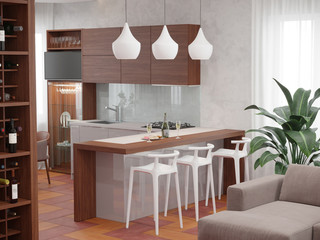 3D visualization of the interior of the kitchen in a modern style