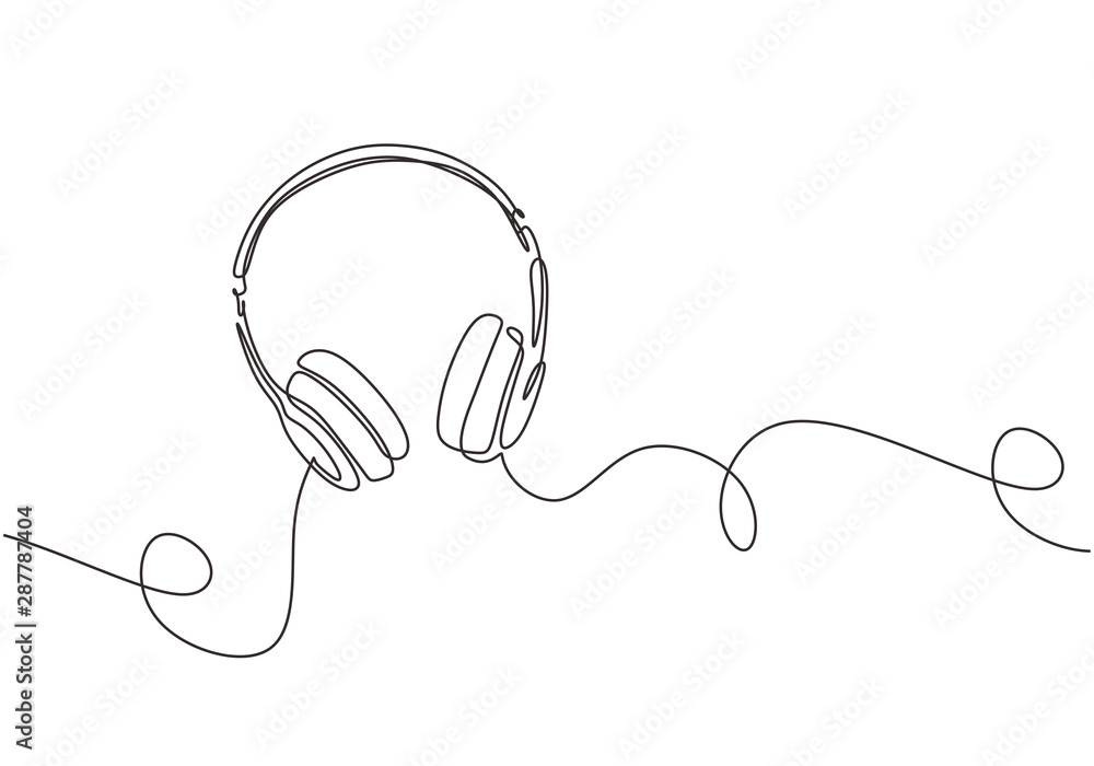 Poster one line drawing of headphone speaker device gadget continuous lineart design isolated on white back