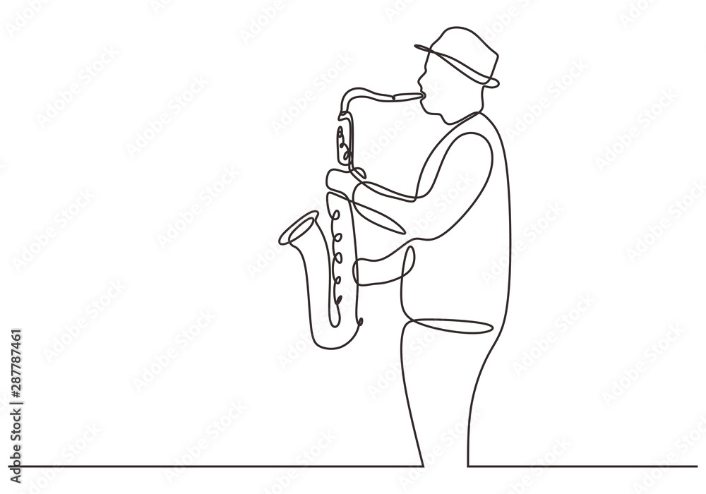 Poster continuous one line drawing of saxophone player. wind music instruments concept single line draw des