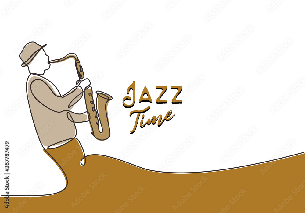 Poster jazz time quote poster with continuous one line of person blowing saxophone minimalism design vector