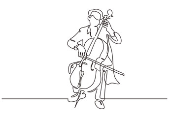 Continuous one line cello music instrument. Person playing classical music instrument. Performance of man with orchestra theme on the stage. © ngupakarti
