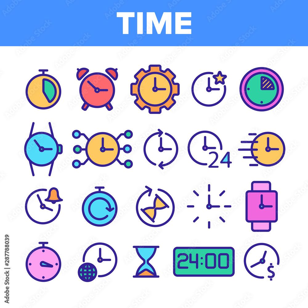 Poster different time clock collection vector icons set thin line. hourglass and watch, alarm-clock and ele