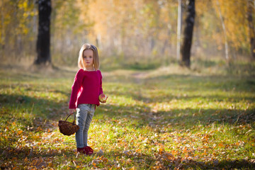Little girl with a basket in the forest. Child on a walk in the autumn park. Preschool girl in nature