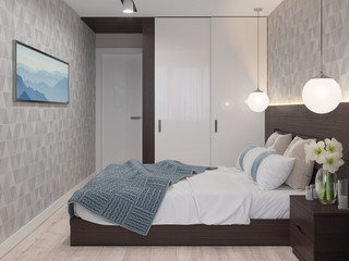 Fototapeta na wymiar 3D visualization of the bedroom interior in a modern style