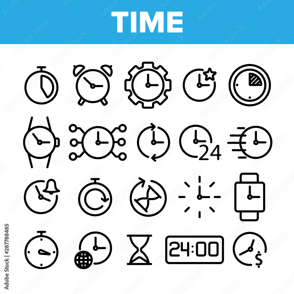 Poster different time clock collection vector icons set thin line. hourglass and watch, alarm-clock and ele
