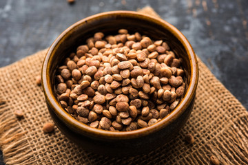 Indian charoly / Buchanania lanzan / Almondette kernel seeds in a bowl or pile. selective focus