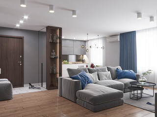 3D visualization of the interior of the living room in a modern style