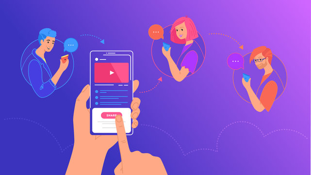 Mobile content sharing to friends vector illustration of young people sharing posts in social media