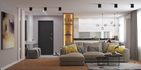 3D visualization of the interior of the living room in a modern style
