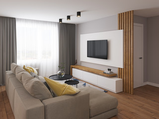 3D visualization of the interior of the living room in a modern style