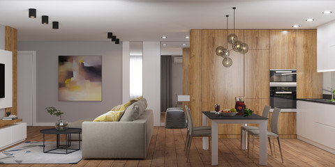 3D visualization of the interior of the living room in a modern style