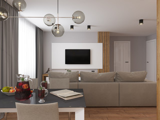Obraz na płótnie Canvas 3D visualization of the interior of the living room in a modern style