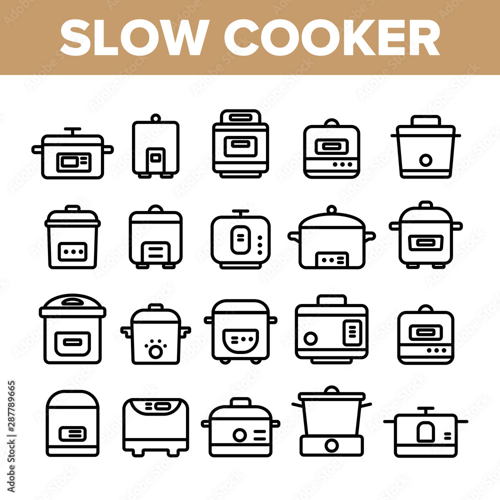 Poster slow cooker elements collection vector icons set thin line. different cooker kitchenware concept lin