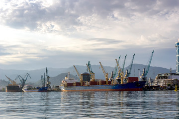 Fototapeta premium ships in port for loading containers. Port cranes loading ships in port.