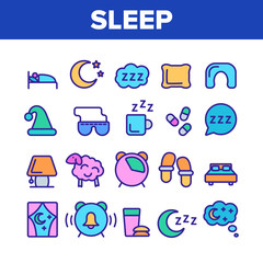 Collection Sleep Time Elements Vector Icons Set Thin Line. Bed And Lamp, Slippers And Clock With Alarm Signal, Drink Cup And Pills Concept Linear Pictograms. Monochrome Contour Illustrations