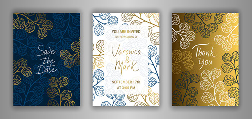 Wedding invitation card template EPS 10 vector set. Elegant eucalyptus branches, leaves, background. Thank you, Save the date hand-drawn lettering phrase inscription. Black, white, gold decor