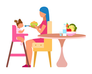 Mother feeding baby flat vector illustration. Healthy ingredients for little children isolated cartoon character on white background. Fruits, vegetables, dairy products in child balanced nutrition