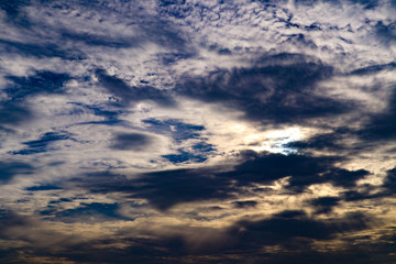 Beautiful colorful dramatic landscape panorama with blue sky clouds and sunset panoramic view in the evening
